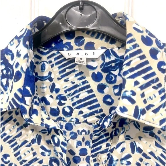 CAbi blue Jewel print button up shirt dress style # 422 roll tab sleeves… - Picture 7 of 11